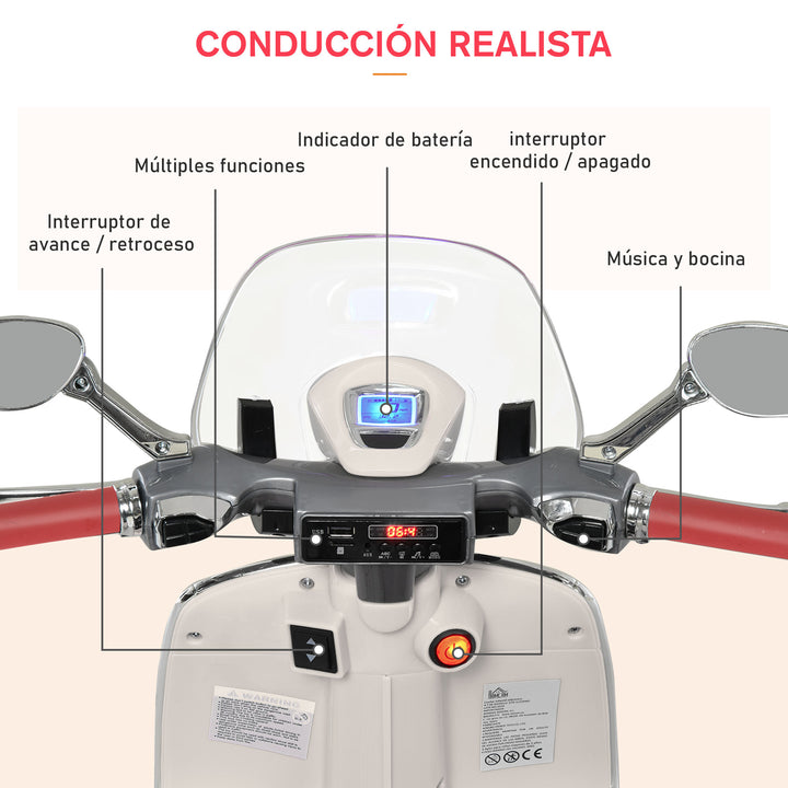 Mota elétrica infantil Vespa para crianças acima de 3 Anos com Faróis Música 2 Rodas Auxiliares 108x49x75 cm Branco