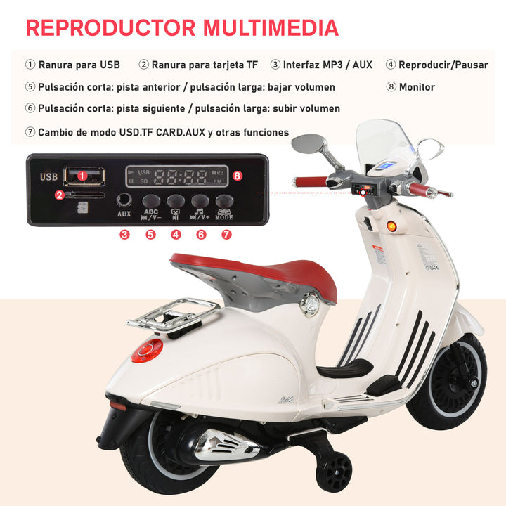 Mota elétrica infantil Vespa para crianças acima de 3 Anos com Faróis Música 2 Rodas Auxiliares 108x49x75 cm Branco