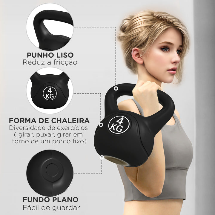 Peso Russo de 4 kg Kettlebell Fitness Preenchido de Areia com Punho Largo Antiderrapante para Exercícios e Treinos em Casa Ginásio 18x12x20 cm Preto