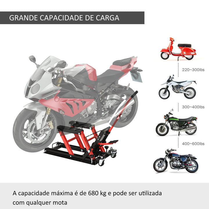 Macaco hidráulico de aço para motocicleta Suporte 680 kg 110x36x67 cm Preto e Vermelho