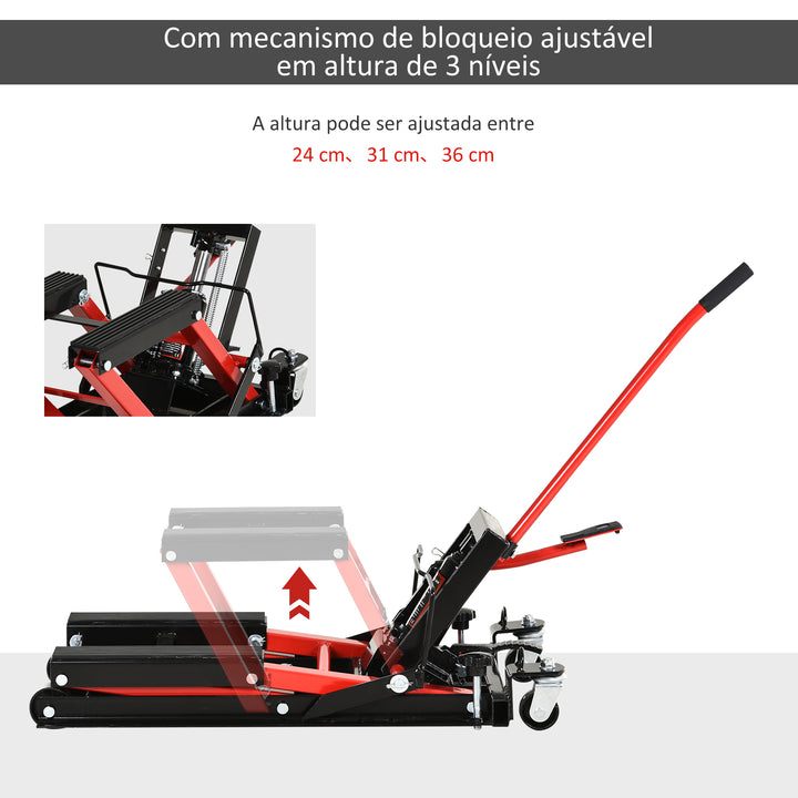Macaco hidráulico de aço para motocicleta Suporte 680 kg 110x36x67 cm Preto e Vermelho