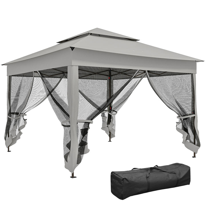 Tenda Dobrável Exterior 325x325x270 cm Tenda de Jardim com Teto Duplo Rede Mosquiteira Amovível e Bolsa de Transporte para Jardim Pátio Cinzento