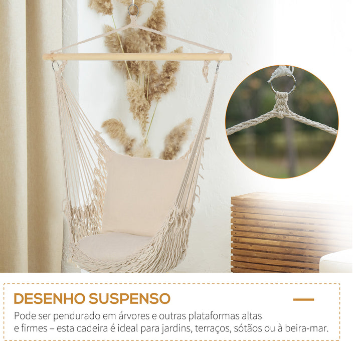 Cadeira Suspensa Cadeira Rede Suspensa com 2 Almofadas de Algodão Barra de Madeira Cadeira Suspensa Baloiço para Interior e Exterior Carga 120 kg 120x90 cm Creme