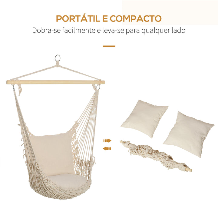 Cadeira Suspensa Cadeira Rede Suspensa com 2 Almofadas de Algodão Barra de Madeira Cadeira Suspensa Baloiço para Interior e Exterior Carga 120 kg 120x90 cm Creme