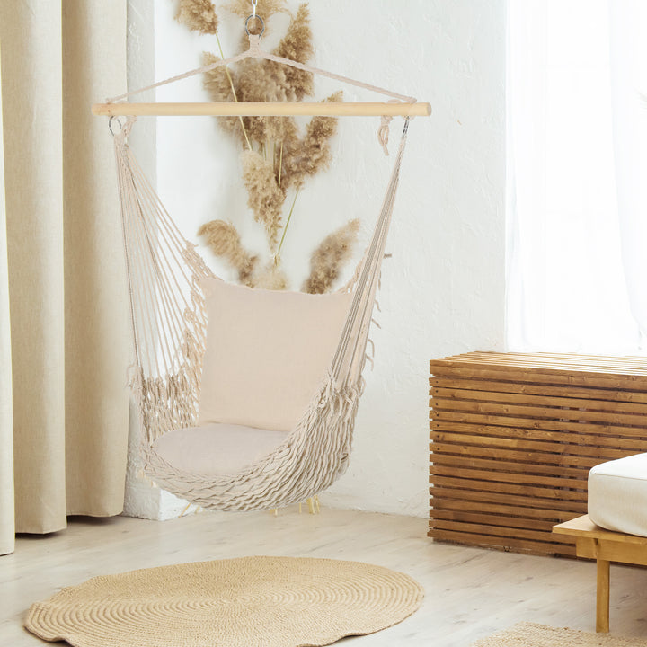 Cadeira Suspensa Cadeira Rede Suspensa com 2 Almofadas de Algodão Barra de Madeira Cadeira Suspensa Baloiço para Interior e Exterior Carga 120 kg 120x90 cm Creme