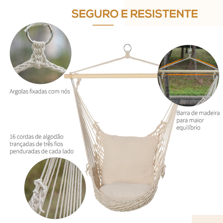 Cadeira Suspensa Cadeira Rede Suspensa com 2 Almofadas de Algodão Barra de Madeira Cadeira Suspensa Baloiço para Interior e Exterior Carga 120 kg 120x90 cm Creme