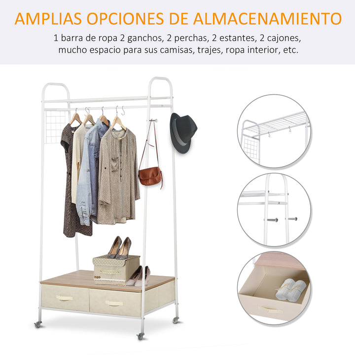 Cabide para Roupa com Varão Prateleiras, Gavetas para Organizar Roupa, Malas, Sapatos 99x47x185cm