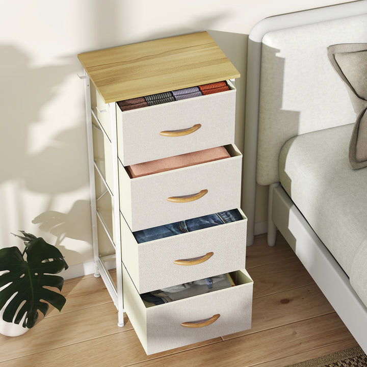 Cómoda Alta de Tecido com 4 Gavetas 4 Bolsos Laterais 2 Ganchos e Estrutura de Aço Cómoda para Quarto Sala de Estar Corredor 45x30x94,5 cm Bege
