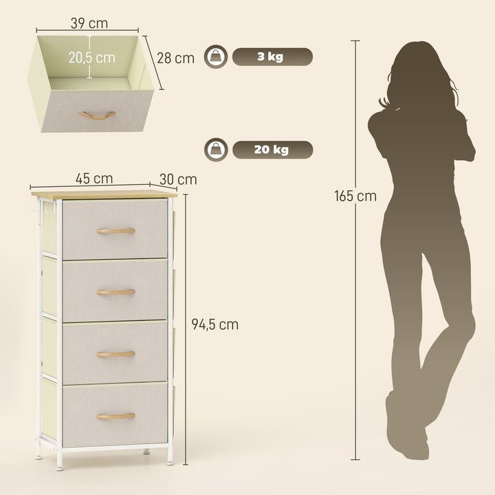 Cómoda Alta de Tecido com 4 Gavetas 4 Bolsos Laterais 2 Ganchos e Estrutura de Aço Cómoda para Quarto Sala de Estar Corredor 45x30x94,5 cm Bege