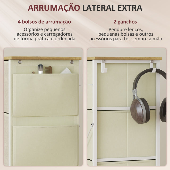 Cómoda Alta de Tecido com 4 Gavetas 4 Bolsos Laterais 2 Ganchos e Estrutura de Aço Cómoda para Quarto Sala de Estar Corredor 45x30x94,5 cm Bege