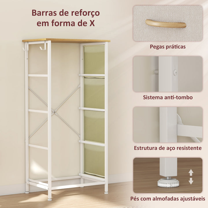 Cómoda Alta de Tecido com 4 Gavetas 4 Bolsos Laterais 2 Ganchos e Estrutura de Aço Cómoda para Quarto Sala de Estar Corredor 45x30x94,5 cm Bege