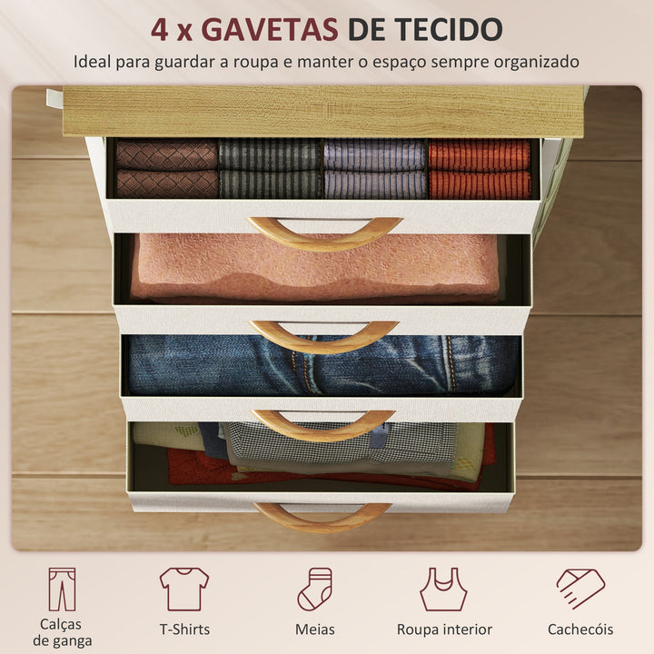Cómoda Alta de Tecido com 4 Gavetas 4 Bolsos Laterais 2 Ganchos e Estrutura de Aço Cómoda para Quarto Sala de Estar Corredor 45x30x94,5 cm Bege