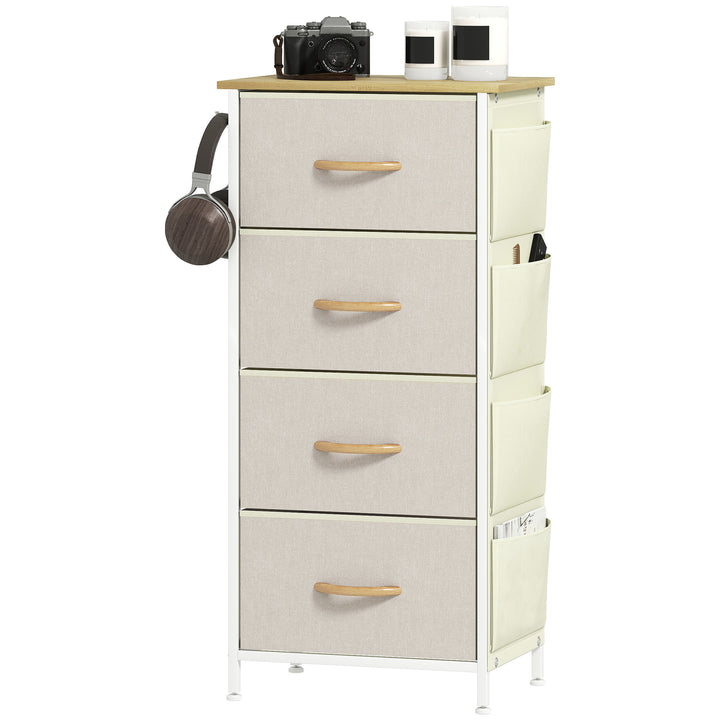 Cómoda Alta de Tecido com 4 Gavetas 4 Bolsos Laterais 2 Ganchos e Estrutura de Aço Cómoda para Quarto Sala de Estar Corredor 45x30x94,5 cm Bege