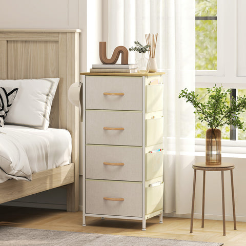 Cómoda Alta de Tecido com 4 Gavetas 4 Bolsos Laterais 2 Ganchos e Estrutura de Aço Cómoda para Quarto Sala de Estar Corredor 45x30x94,5 cm Bege