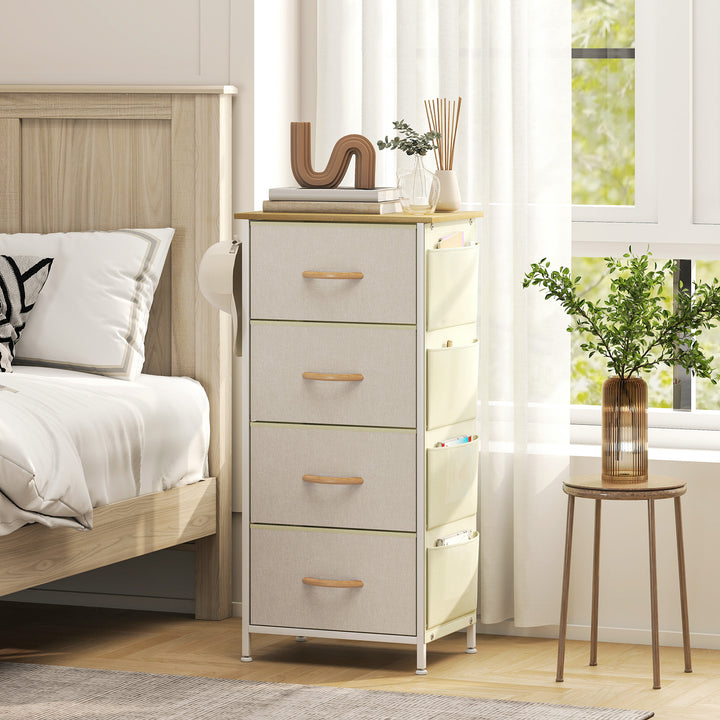 Cómoda Alta de Tecido com 4 Gavetas 4 Bolsos Laterais 2 Ganchos e Estrutura de Aço Cómoda para Quarto Sala de Estar Corredor 45x30x94,5 cm Bege