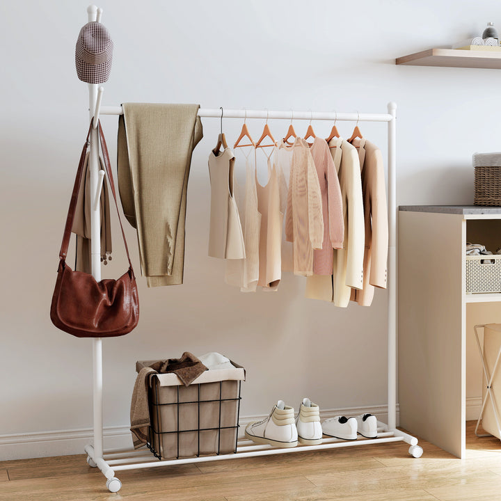 Charriot com Rodas Charriot com 5 Ganchos Barra para Pendurar e Prateleira Inferior Charriot para Dormitório Lavandaria 120x43x171 cm Branco