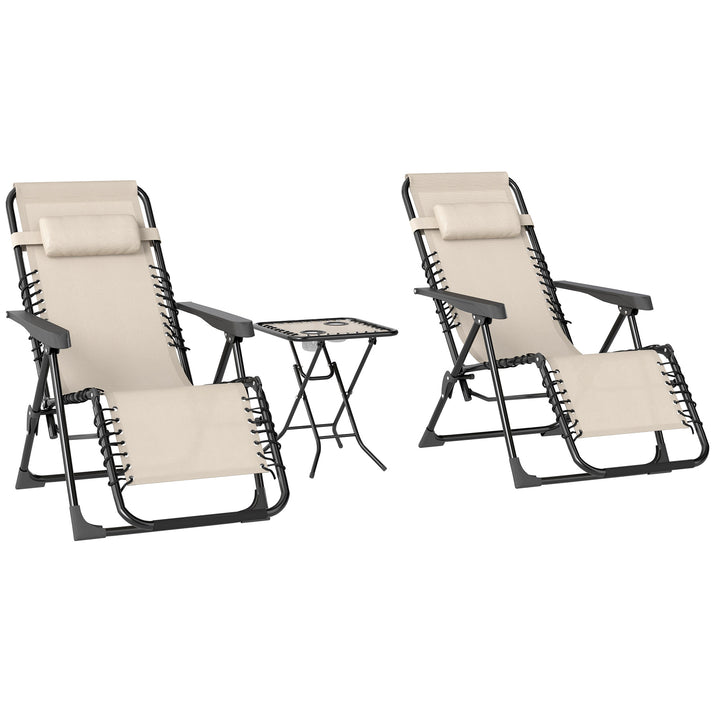 Conjunto de 2 Espreguiçadeiras Jardim Dobráveis com Mesa Auxiliar Porta-Copos Espreguiçadeiras de Gravidade Zero com Encosto Ajustável Apoios de Braço Removíveis para Pátio Piscina Bege