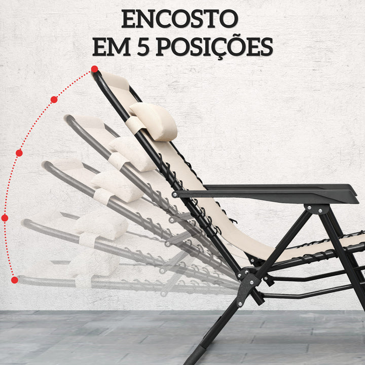 Conjunto de 2 Espreguiçadeiras Jardim Dobráveis com Mesa Auxiliar Porta-Copos Espreguiçadeiras de Gravidade Zero com Encosto Ajustável Apoios de Braço Removíveis para Pátio Piscina Bege