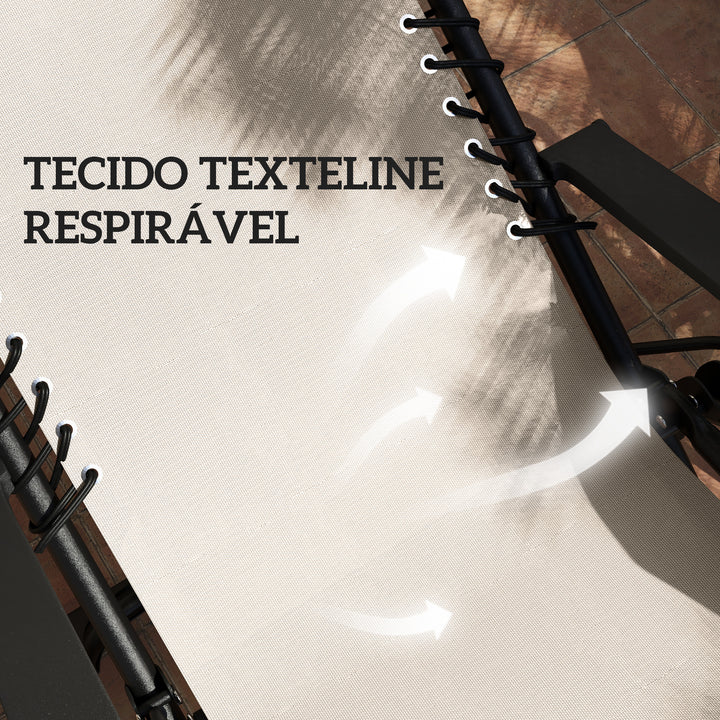 Conjunto de 2 Espreguiçadeiras Jardim Dobráveis com Mesa Auxiliar Porta-Copos Espreguiçadeiras de Gravidade Zero com Encosto Ajustável Apoios de Braço Removíveis para Pátio Piscina Bege