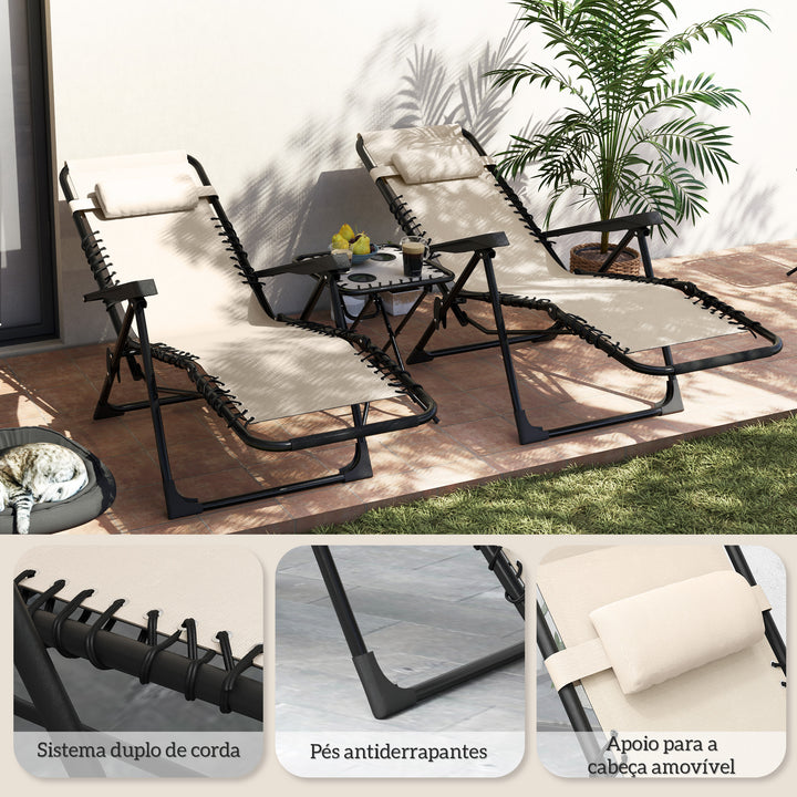 Conjunto de 2 Espreguiçadeiras Jardim Dobráveis com Mesa Auxiliar Porta-Copos Espreguiçadeiras de Gravidade Zero com Encosto Ajustável Apoios de Braço Removíveis para Pátio Piscina Bege