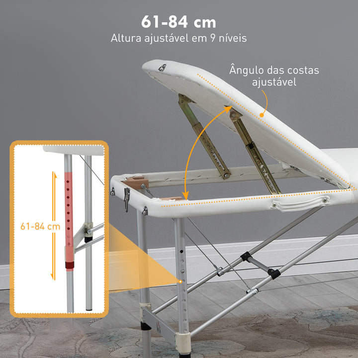 Marquesa de Massagem Dobrável e Portátil com Altura Ajustável Apoio para a Cabeça e Apoio para os Braços 215x81x61-84 cm Branco