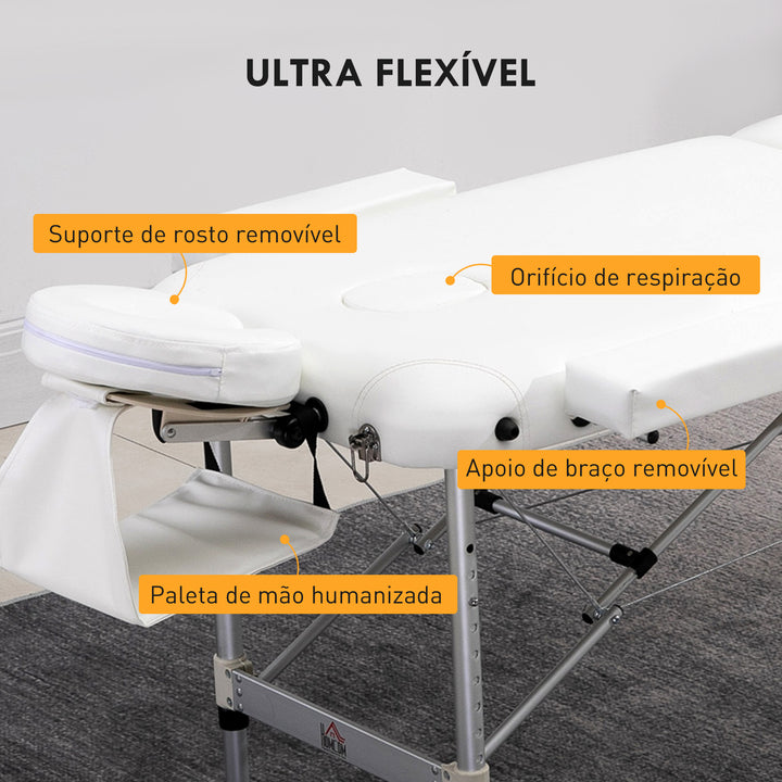 Marquesa de Massagem Dobrável e Portátil com Altura Ajustável Apoio para a Cabeça e Apoio para os Braços 215x81x61-84 cm Branco