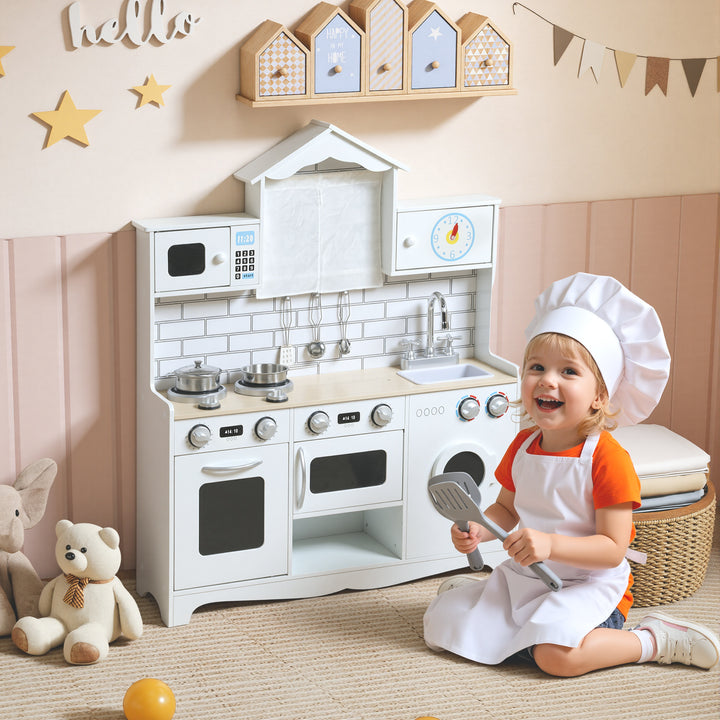 Cozinha de Madeira com Som e Cortinas Cozinha de Brincar Infantil com Acessórios em Aço Inoxidável, Máquina de Lavar Micro-ondas, Lava-Loiça para Crianças a partir dos 3 Anos 79,5x24x94 cm Branco