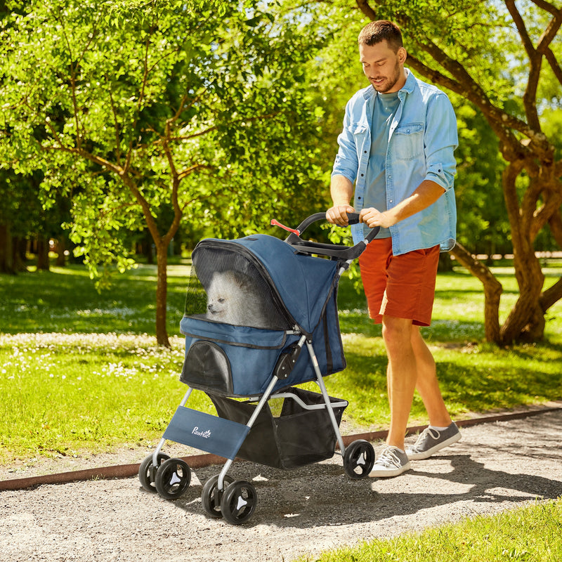 Carrinho para Animais de Estimação Dobrável para Cães com Capô Ajustável Cesta de Armazenamento e Rodas com Freio Tecido Oxford Estrutura de Aço 74x46x94 cm Azul Escuro