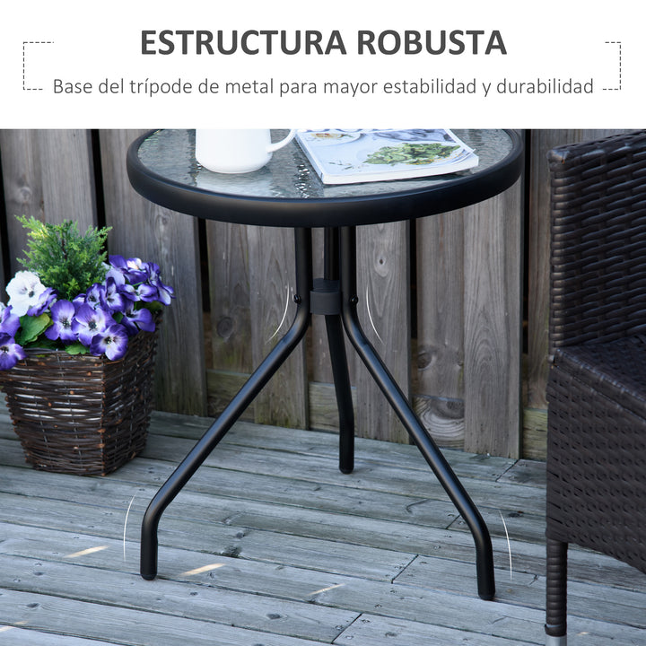 Mesa de Jardim Redonda Mesa de Exterior com Bancada de Cristal Decorativo e Estrutura de Metal para Pátio Terraço Balcão Ø50x55 cm Preto
