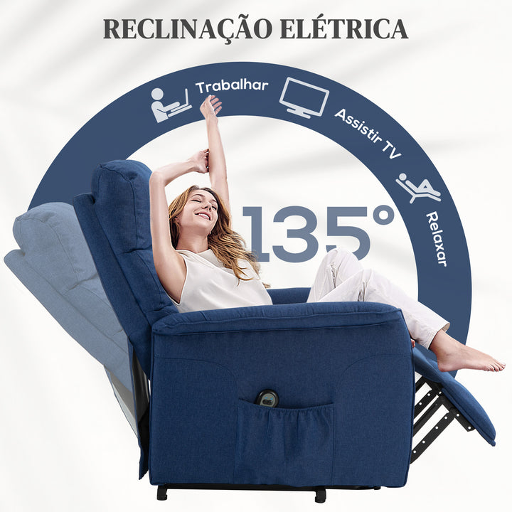 Poltrona Relax Reclinável Elétrica Poltrona Levanta Pessoas com Controlo Remoto e Bolso Lateral Poltrona Elétrica para Sala de Estar Dormitório 66x90x96 cm Azul