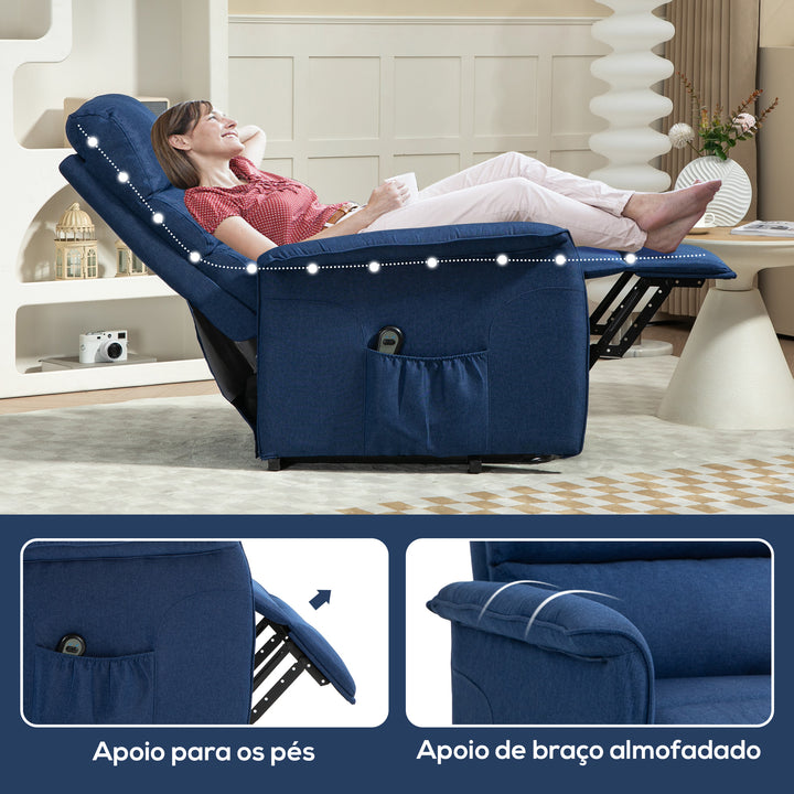 Poltrona Relax Reclinável Elétrica Poltrona Levanta Pessoas com Controlo Remoto e Bolso Lateral Poltrona Elétrica para Sala de Estar Dormitório 66x90x96 cm Azul