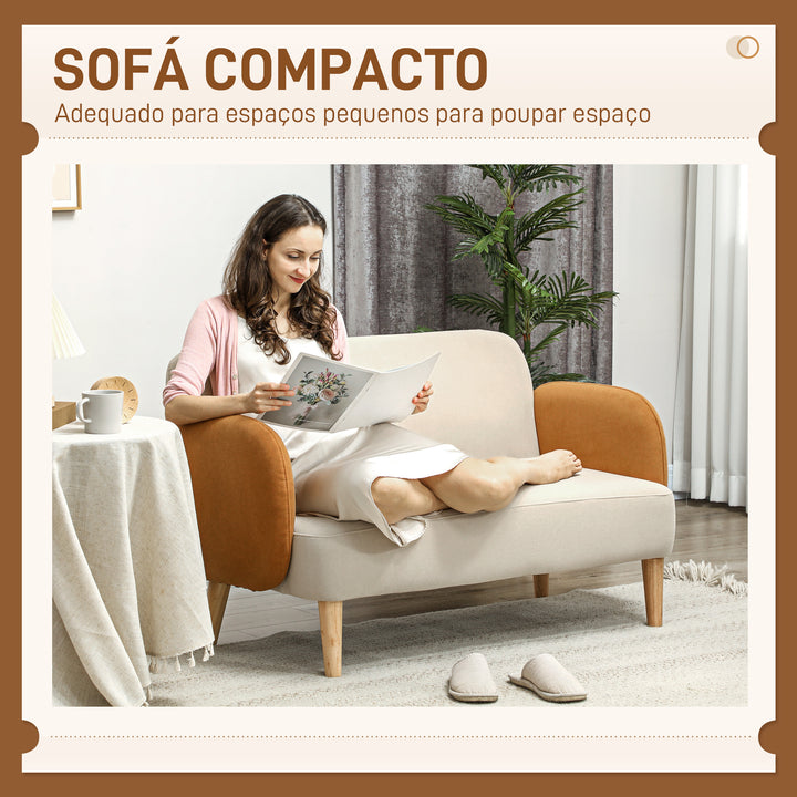 Sofá de 2 Lugares Estofado em Veludo Sofá de Sala de Estar com Apoio para os Braços e Pés de Madeira Sofá Pequeno Carga 240 kg para Dormitório Escritório 130x74x76 cm Bege e Ocre