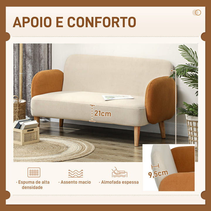 Sofá de 2 Lugares Estofado em Veludo Sofá de Sala de Estar com Apoio para os Braços e Pés de Madeira Sofá Pequeno Carga 240 kg para Dormitório Escritório 130x74x76 cm Bege e Ocre