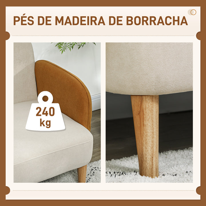 Sofá de 2 Lugares Estofado em Veludo Sofá de Sala de Estar com Apoio para os Braços e Pés de Madeira Sofá Pequeno Carga 240 kg para Dormitório Escritório 130x74x76 cm Bege e Ocre
