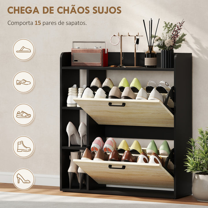 Sapateira Estreita 2 Portas Sapateira para Entrada Corredor com 3 Prateleiras Laterais e Prateleiras Ajustáveis para 15 Pares de Sapatos Para Corredor Espaço Reduzido 83x24x90,5 cm Madeira e Preto