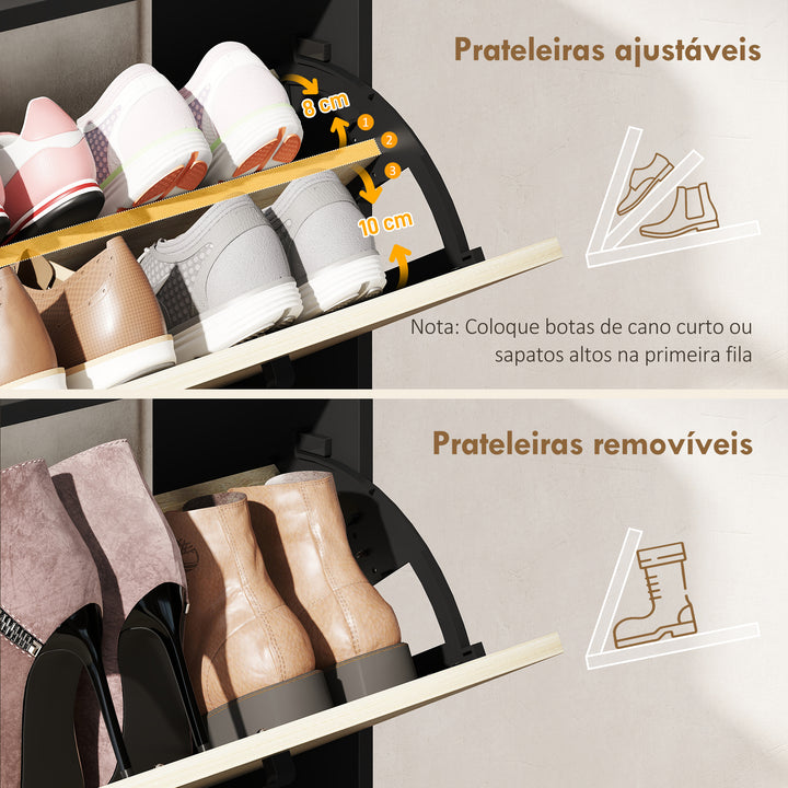 Sapateira Estreita 2 Portas Sapateira para Entrada Corredor com 3 Prateleiras Laterais e Prateleiras Ajustáveis para 15 Pares de Sapatos Para Corredor Espaço Reduzido 83x24x90,5 cm Madeira e Preto