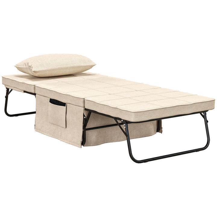 Sofá Cama 4 em 1 Poltrona Cama Desdobrável Estofado em Linho com Encosto Ajustável em 5 Níveis e Almofada Acolchoada para Escritório, Quarto Sala 75x80x74 cm Creme