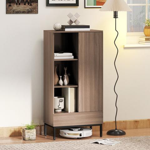 Aparador 1 Porta Aparador para Sala Moderno com Gaveta Prateleira Ajustável e 3 Compartimentos Abertos para Sala de Jantar Entrada Quarto 60x34x121 cm Madeira