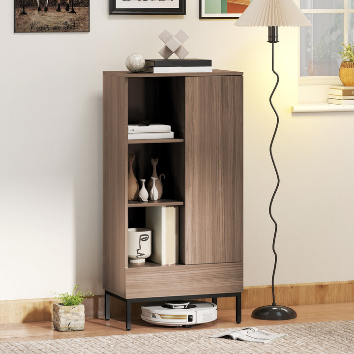 Aparador 1 Porta Aparador para Sala Moderno com Gaveta Prateleira Ajustável e 3 Compartimentos Abertos para Sala de Jantar Entrada Quarto 60x34x121 cm Madeira