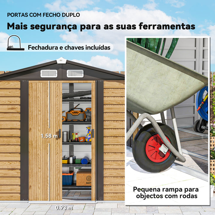 Abrigo de Jardim Exterior 2,36m² 213x120x194 cm Abrigo de Exterior com Base Reforçada (Piso NÃO Incluído) Portas de Correr Duplas Fechadura Janelas Madeira e Marrom