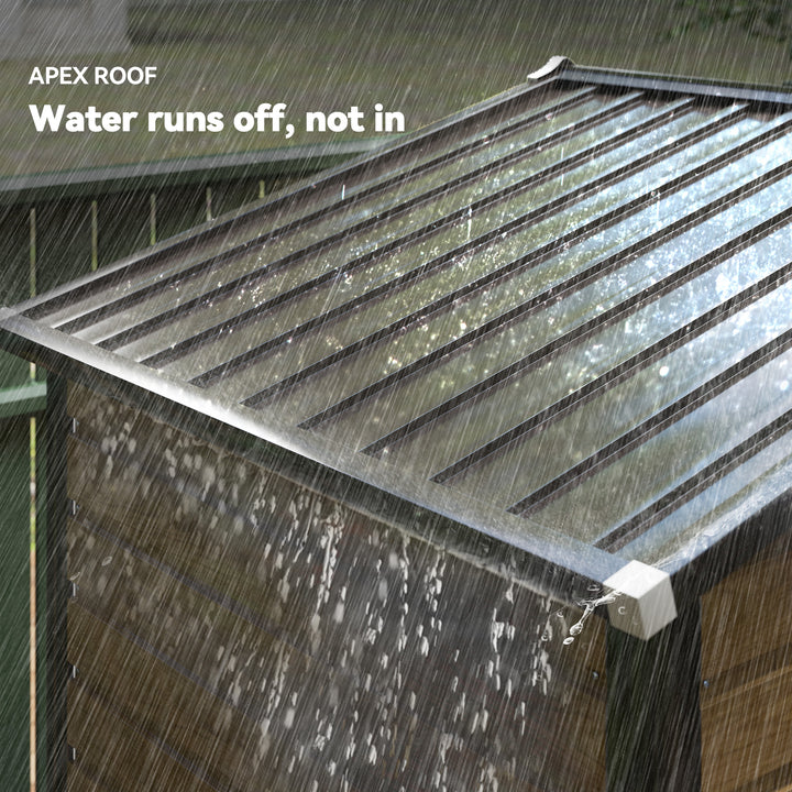 Abrigo de Jardim Exterior 2,36m² 213x120x194 cm Abrigo de Exterior com Base Reforçada (Piso NÃO Incluído) Portas de Correr Duplas Fechadura Janelas Madeira e Marrom