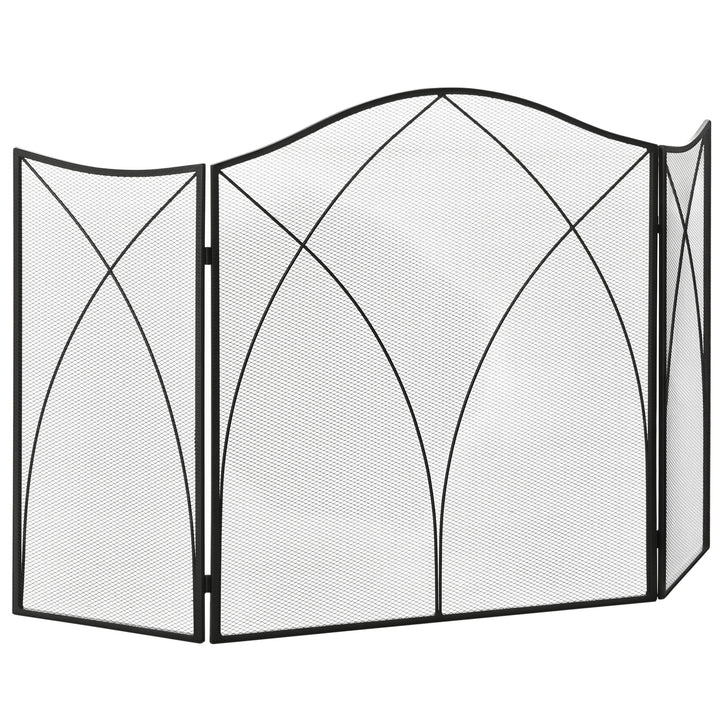 Frente para Lareira Dobrável Proteção para Lareira de 3 Painéis com Dobradiças e Estrutura de Metal Decorativa 126x2x76cm Preto