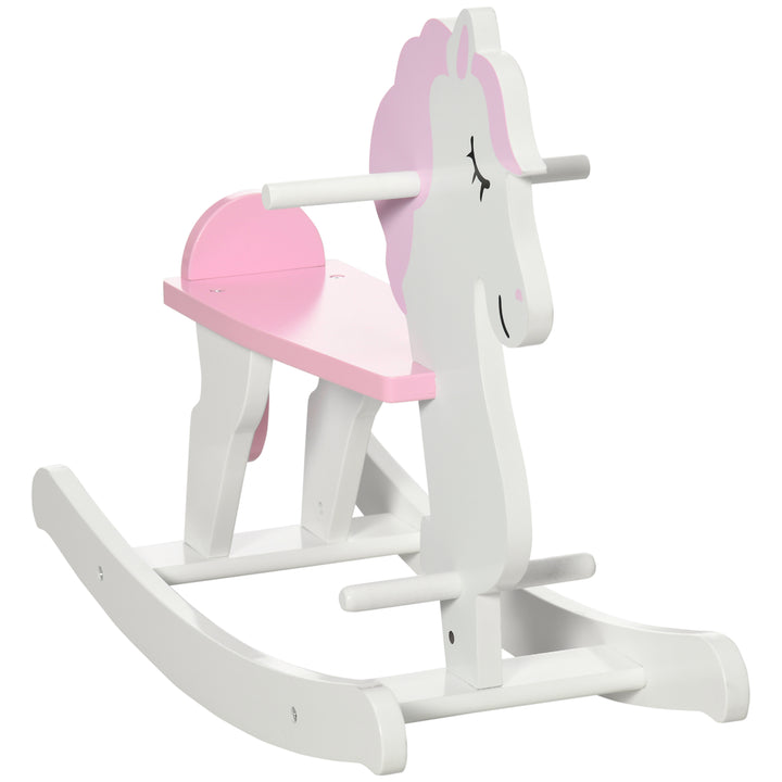 Cavalo Baloiço para Crianças de 1-3 Anos Cavalo Baloiço de Madeira com Guiador e Apoio para os Pés Carga Máxima 50kg 68x27x46,5cm Branco e Rosa
