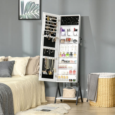 Joalheiro de Pé com Ângulo Ajustável Joalheiro de Corpo Inteiro com Prateleira Inferior Fechadura Magnética Suportes para Joias 47x36x157cm Branco e Preto