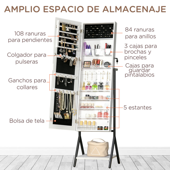 Joalheiro de Pé com Ângulo Ajustável Joalheiro de Corpo Inteiro com Prateleira Inferior Fechadura Magnética Suportes para Joias 47x36x157cm Branco e Preto