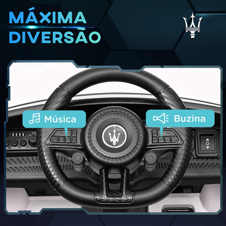 Carro Elétrico para Crianças acima de 3 Anos Carro Maserati Gran Turismo Folgore Carro Elétrico com Bateria 12V Controlo Remoto Faróis Buzina e Música MP3 98x59x43 cm Branco