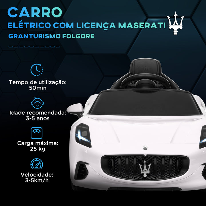 Carro Elétrico para Crianças acima de 3 Anos Carro Maserati Gran Turismo Folgore Carro Elétrico com Bateria 12V Controlo Remoto Faróis Buzina e Música MP3 98x59x43 cm Branco