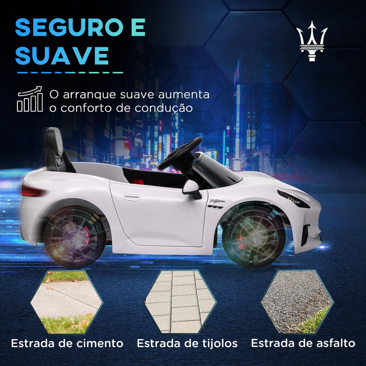 Carro Elétrico para Crianças acima de 3 Anos Carro Maserati Gran Turismo Folgore Carro Elétrico com Bateria 12V Controlo Remoto Faróis Buzina e Música MP3 98x59x43 cm Branco