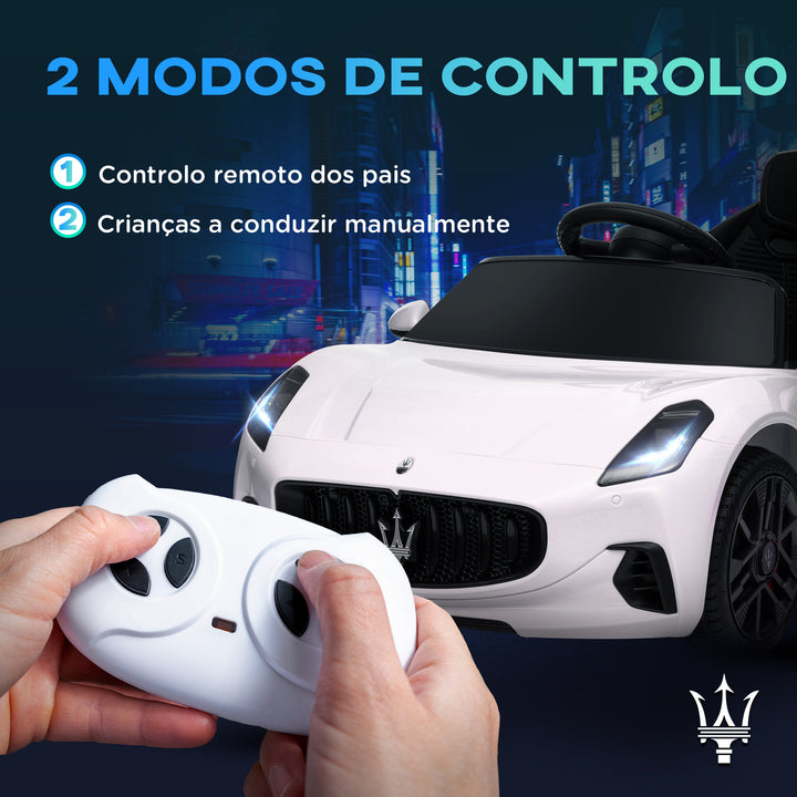 Carro Elétrico para Crianças acima de 3 Anos Carro Maserati Gran Turismo Folgore Carro Elétrico com Bateria 12V Controlo Remoto Faróis Buzina e Música MP3 98x59x43 cm Branco