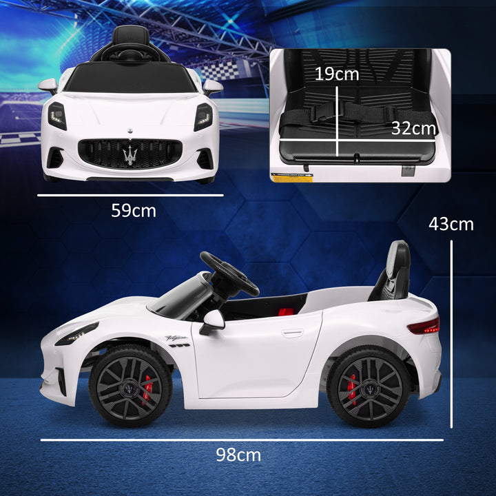 Carro Elétrico para Crianças acima de 3 Anos Carro Maserati Gran Turismo Folgore Carro Elétrico com Bateria 12V Controlo Remoto Faróis Buzina e Música MP3 98x59x43 cm Branco